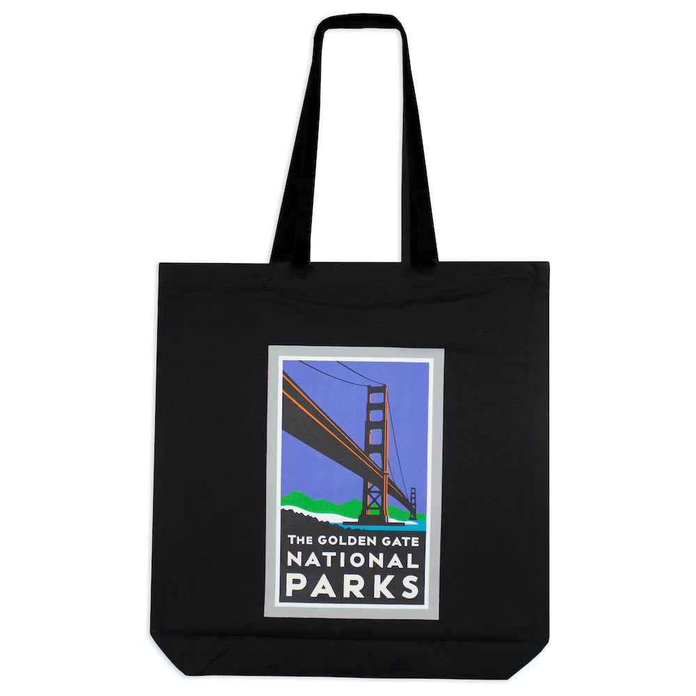 Black cotton tote bag with mulitcolor Golden Gate National Parks Bridge screen-printed design, art by Michael Schwab