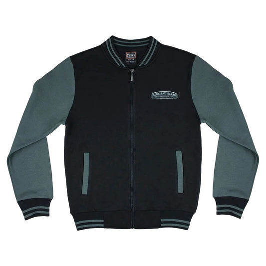 Black varsity style Alcatraz jacket with grey sleeves, by the Golden Gate National Parks Conservancy