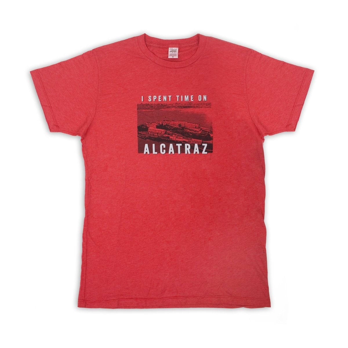 Red crewneck t-shirt with design on chest, vintage aerial photograph of Alcatraz Island in black with words "I Spent Time on Alcatraz" in white.