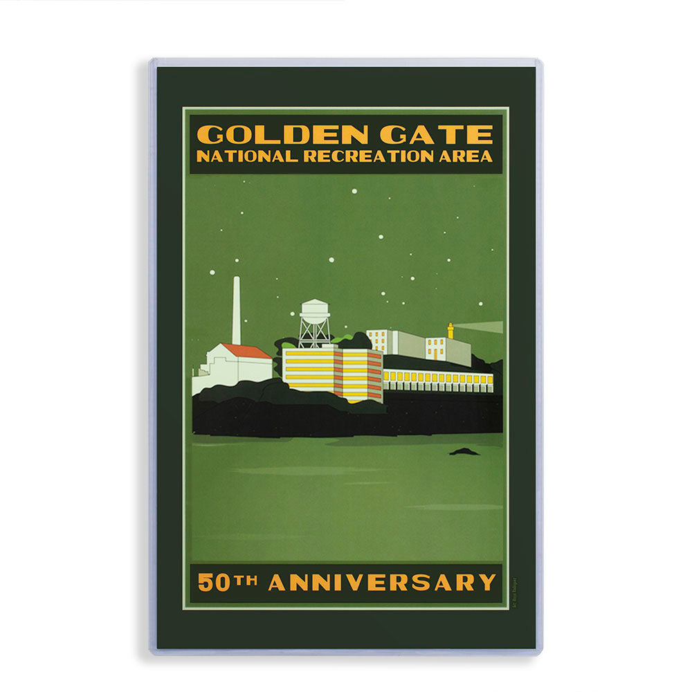 Colorful 11 x 17 commemorative 50th anniversary poster for Golden Gate National Recreation Area with illustration of Alcatraz Island