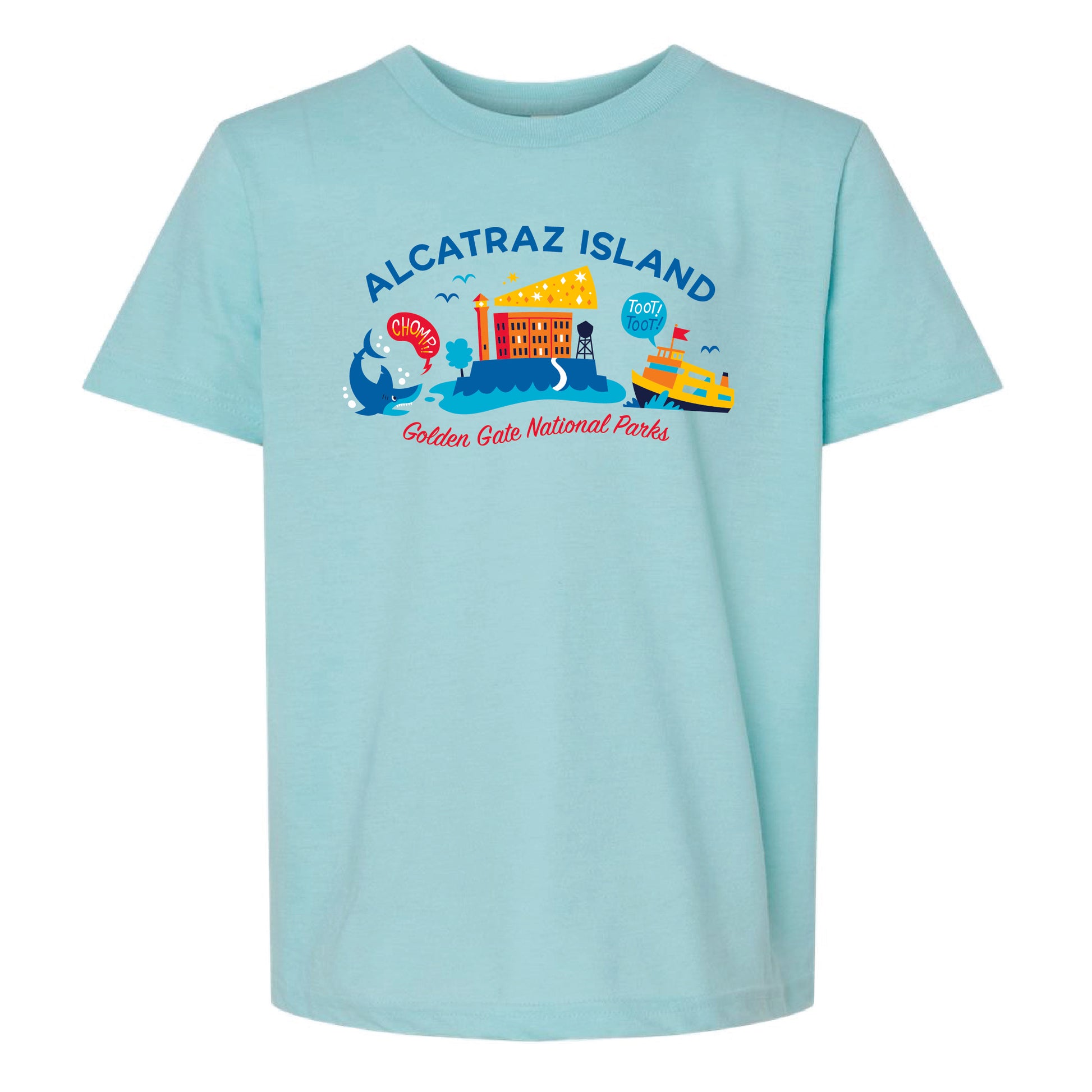 Colorful screen-printed Alcatraz Island t-shirt for kids by the Golden Gate National Parks Conservancy, with shark and ferry boot