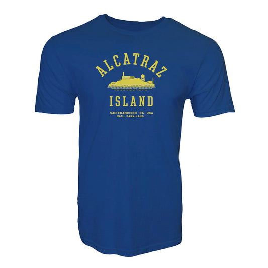 Blue crewneck Alcatraz t-shirt with retro-inspired yellow screen-printed design on chest, by the Golden Gate National Parks Conservancy