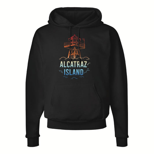 Black hoodie sweatshirt featuring screen print of Alcatraz guard tower with fog effect, created by the Golden Gate National Parks Conservancy