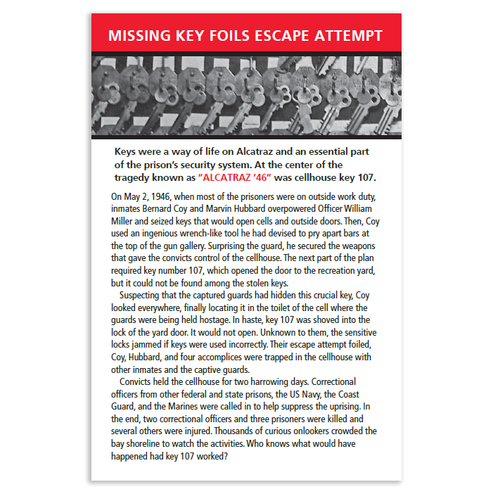 Interpretive gift card for replica Alcatraz cellhouse key, featuring information about the 1946 escape attempt.