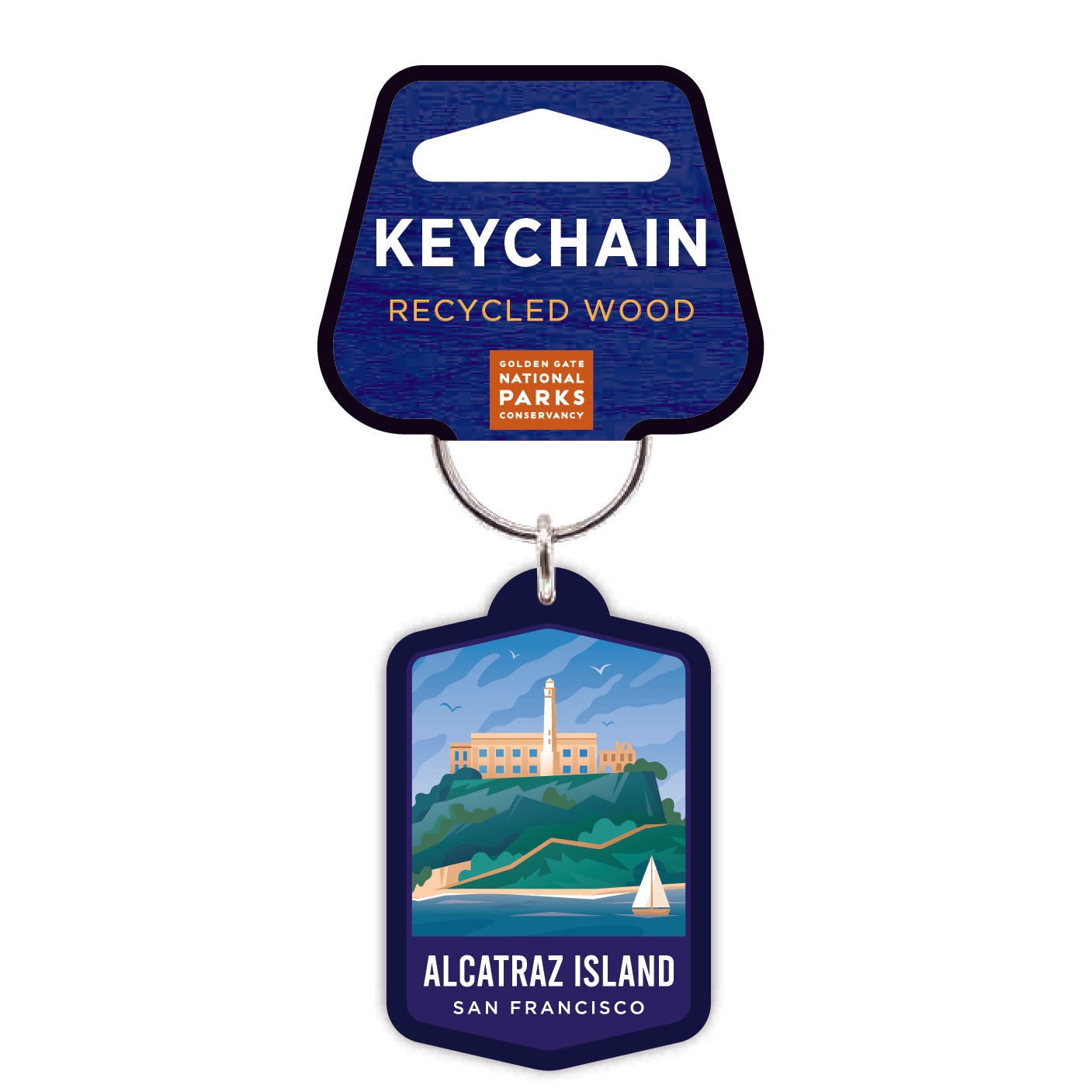 Colorful Alcatraz Island illustrated keychain printed on recycled wood