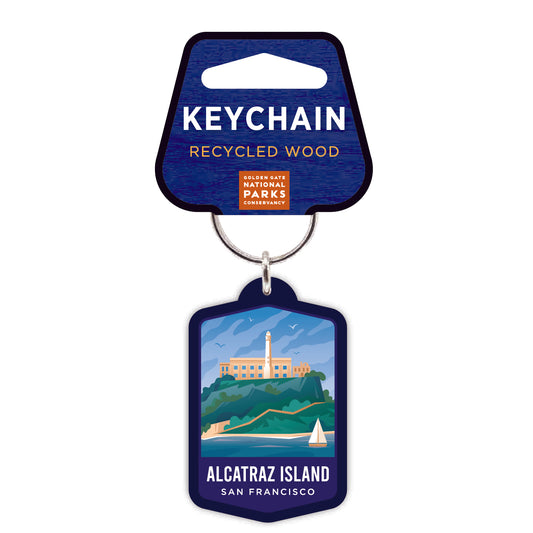 Colorful Alcatraz Island illustrated keychain printed on recycled wood