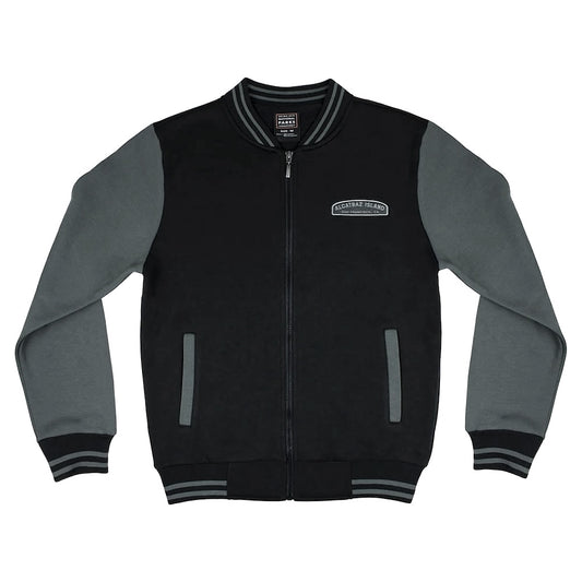 Black varsity style Alcatraz jacket with grey sleeves, by the Golden Gate National Parks Conservancy