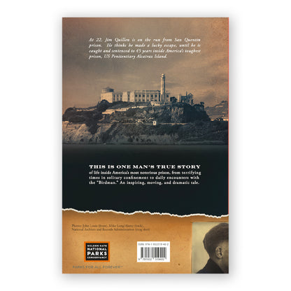 This image features the back cover of the book "Alcatraz From Inside" by Jim Quillen. The cover depicts a dramatic and evocative view of the prison facilities on Alcatraz Island.