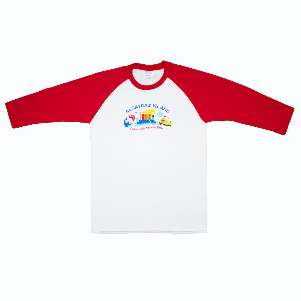Red and white raglan kids t-shirt with multicolor illustrated screen print design on front chest, Alcatraz Island