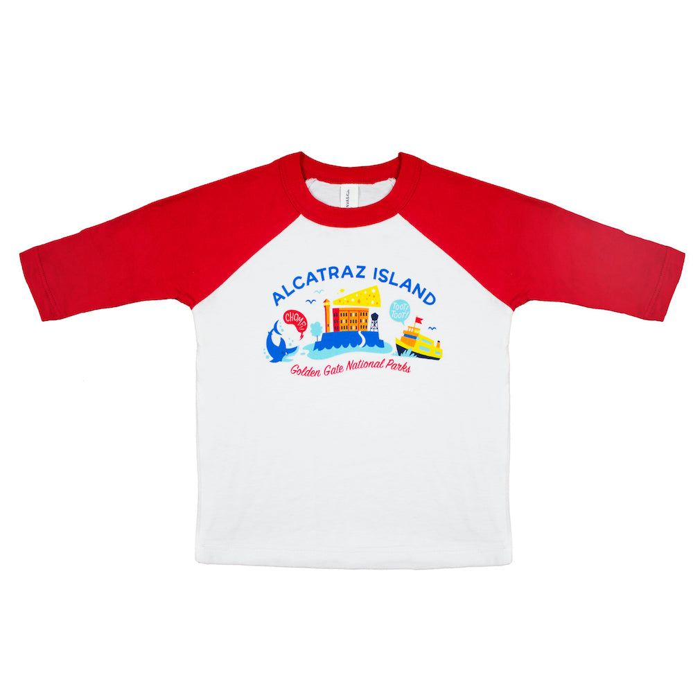 Red and white raglan toddler t-shirt with brightly colored Alcatraz Island illustration on chest
