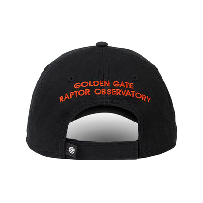 Black baseball cap with embroidered Golden Gate Raptor Observatory logo, orange text