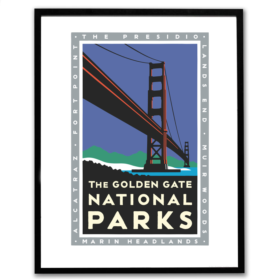 The Golden Gate National Parks Bridge giclee poster in black frame, art by Michael Schwab, the Golden Gate National Parks Conservancy
