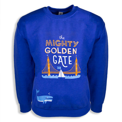 Blue-purple kids sweatshirt with colorful screen-printed design on chest of the Mighty Golden Gate illustration with whale and bridge and saillboat