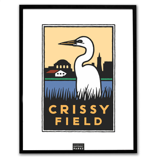 Crissy Field giclee poster in black frame, art by Michael Schwab, the Golden Gate National Parks Conservancy