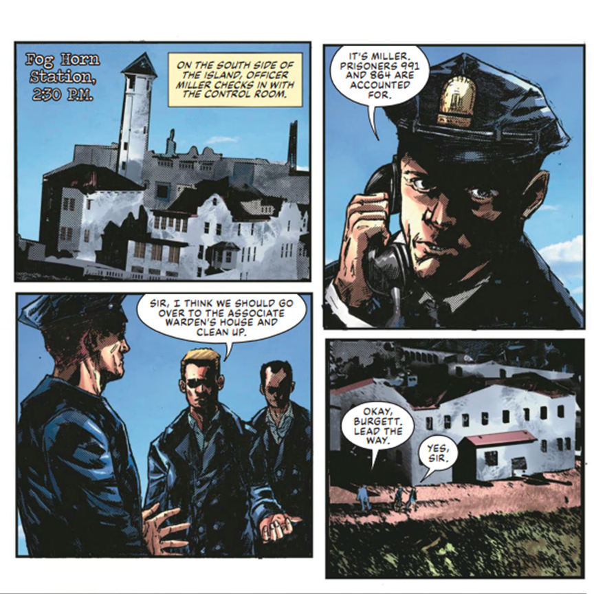 Interior view of Escape from Alcatraz comic book series issue #11, Caught Off Guard, story by Daejuan Jacobs and produced by the Golden Gate National Parks Conservancy