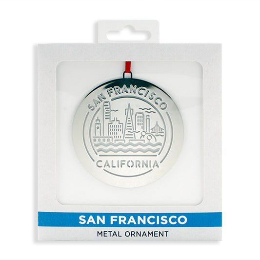 Silver San Francisco skyline metal ornament in packaging on a white background