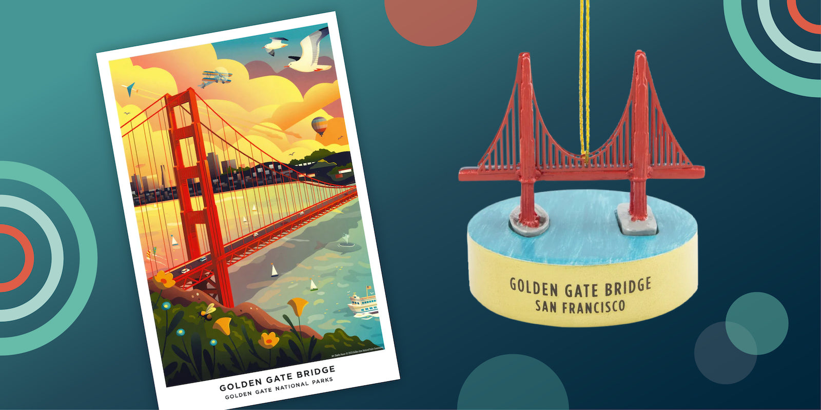 Colorful banner featuring picture of Golden Gate Bridge model ornament and Golden Gate Bridge 11x17 illustrated print by Golden Gate National Parks Conservancy