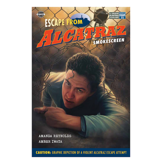 Comic book cover of 'Escape from Alcatraz: Smokescreen' with inmate Floyd Wilson crawling out from under a fence.