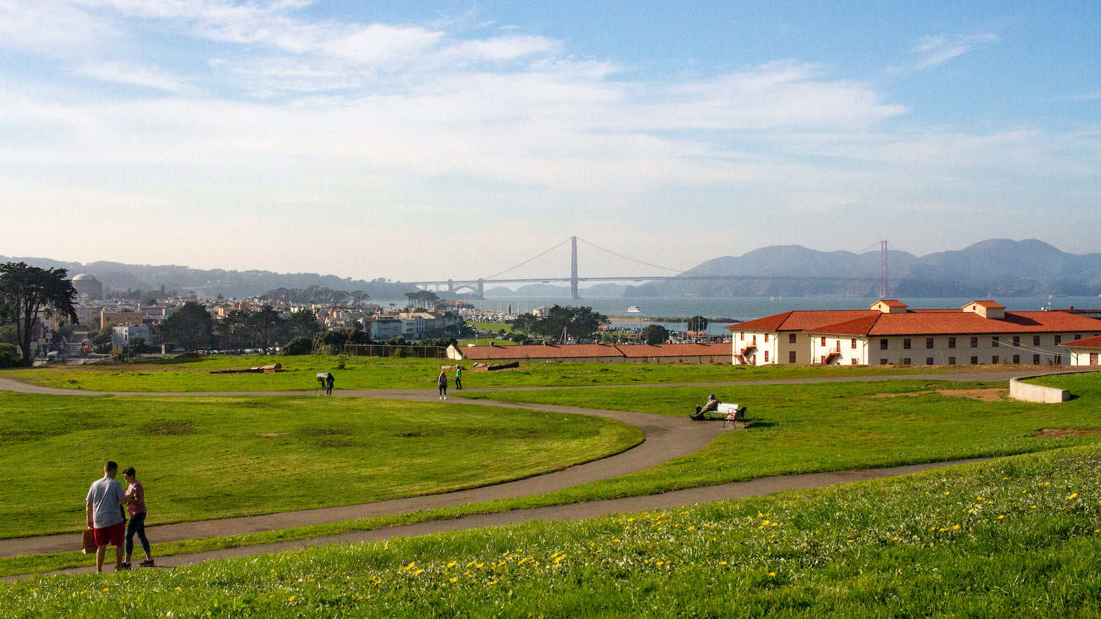 A view of Fort Mason's Great Meadow in San Francisco on a sunny day.