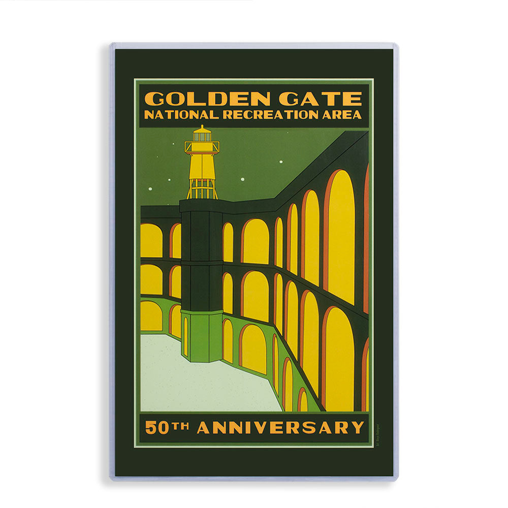 Colorful 11 x 17 commemorative 50th anniversary poster for Golden Gate National Recreation Area with illustration of Fort Point