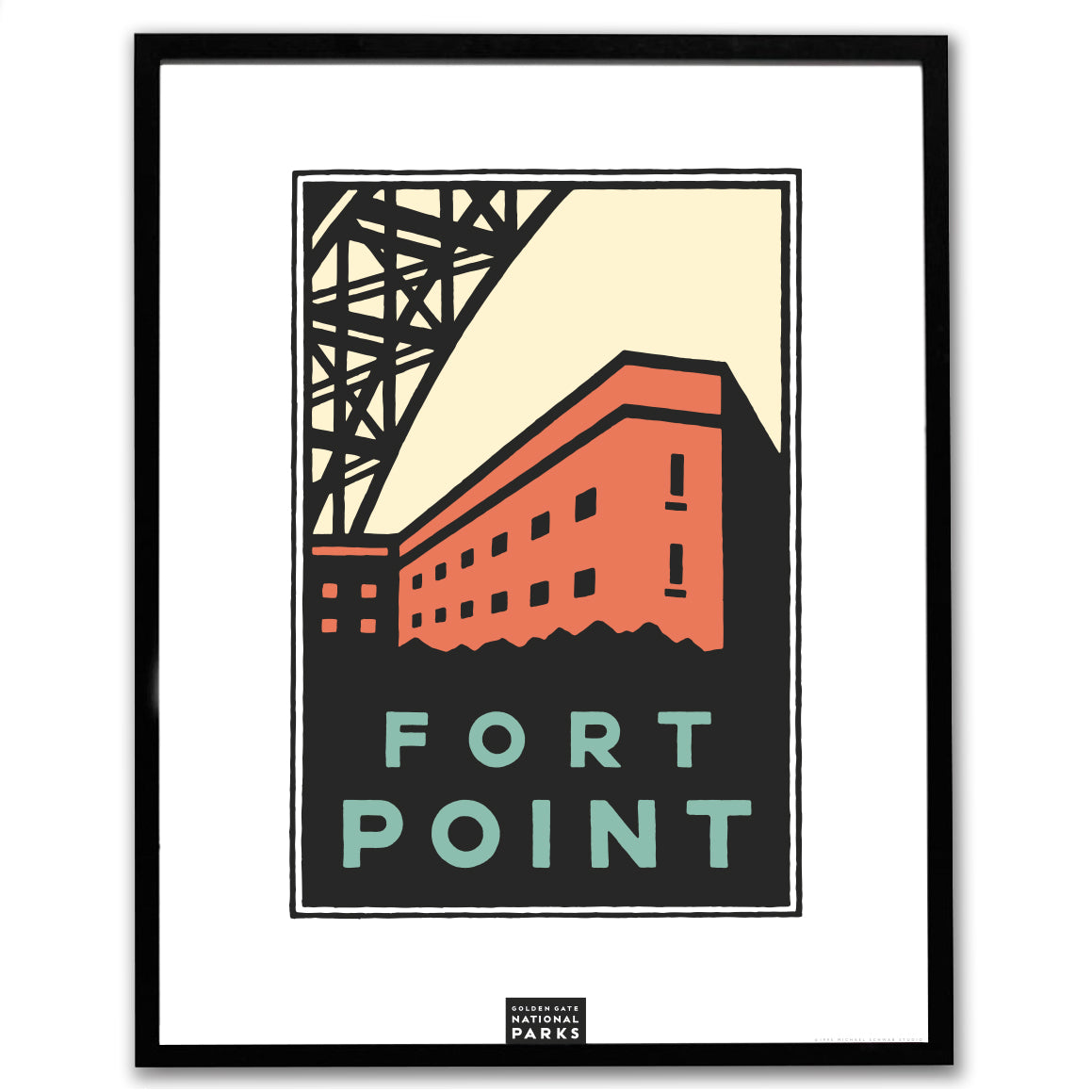 Fort Point giclee poster in black frame, art by Michael Schwab, the Golden Gate National Parks Conservancy