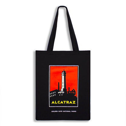 Black Alcatraz lighthouse tote bag with art by Michael Schwab, produced by the Golden Gate National Parks Conservancy