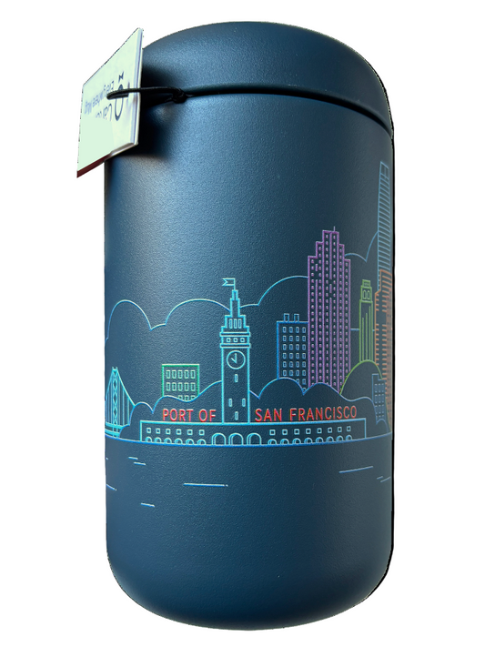 Blue thermos with San Francisco skyline design on a white background