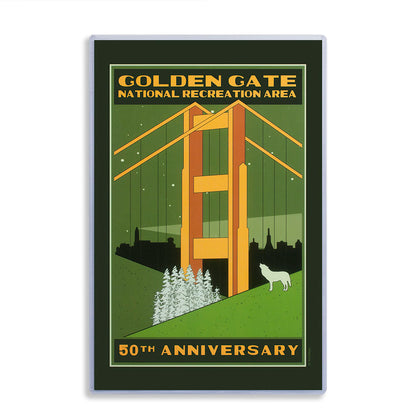 Colorful 11 x 17 commemorative 50th anniversary poster for Golden Gate National Recreation Area with illustration of Golden Gate Bridge with San Francisco in background
