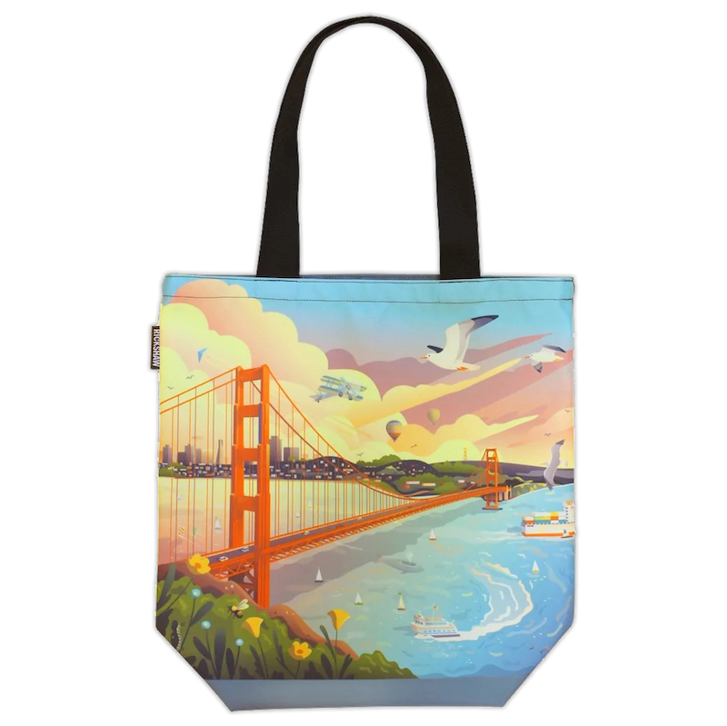 Illustrated Golden Gate Bridge tote bag by Golden Gate National Parks Conservancy, in partnership with Rickshaw Bagworks