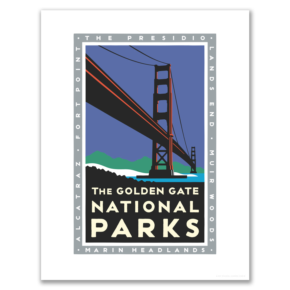 Multicolor Golden Gate National Parks Bridge giclee poster print, with art by Michael Schwab
