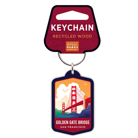 Colorful illustrated Golden Gate Bridge keychain printed on recycled wood