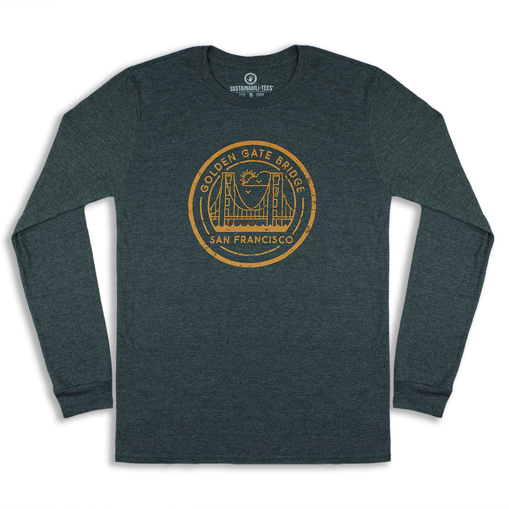 Heather grey long-sleeved t-shirt with round Golden Gate Bridge San Francisco screen-printed logo on chest in yellow gold
