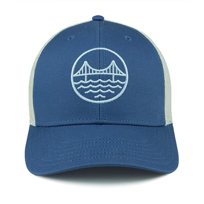 Blue and cream mesh trucker cap with a pale blue embroidered Golden Gate Bridge logo on the front panel