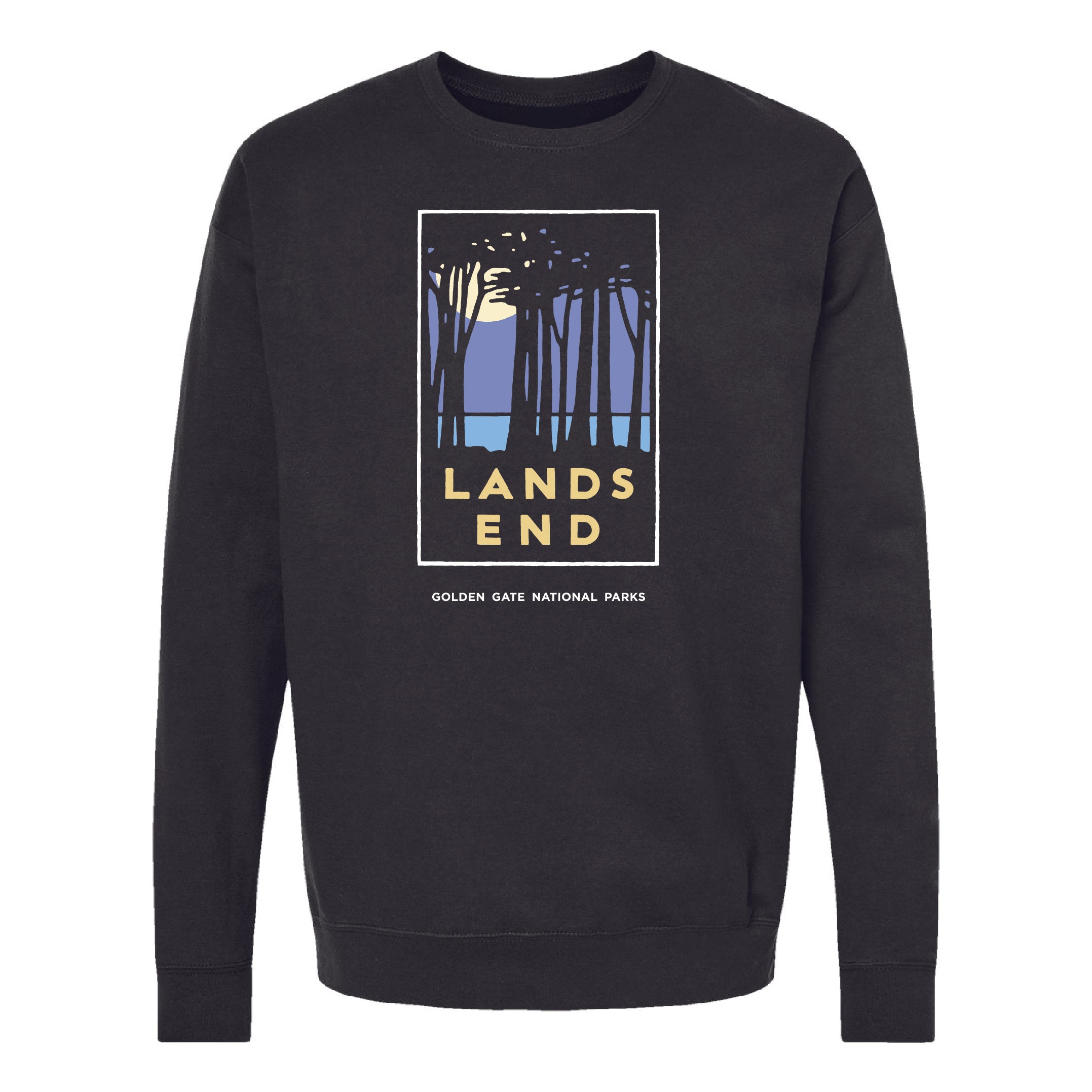 Black crewneck sweatshirt with colorful screen printed design of Lands End San Francisco on chest, art by Michael Schwab