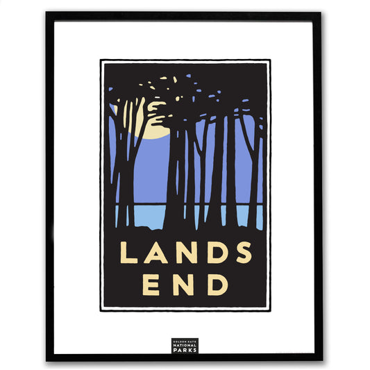 Lands End giclee poster in black frame, art by Michael Schwab, the Golden Gate National Parks Conservancy