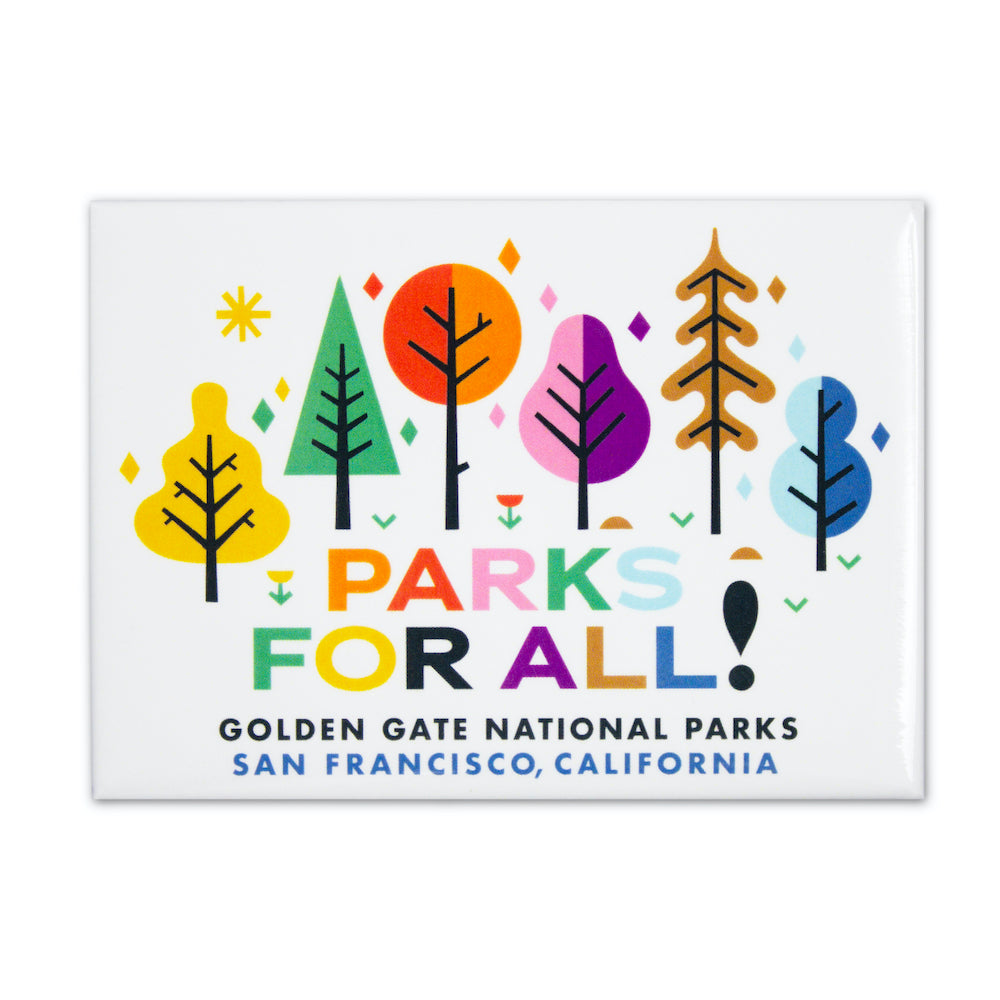 White magnet with colorful Parks for All! illustration of trees and wildflowers by the Golden Gate National Parks Conservancy