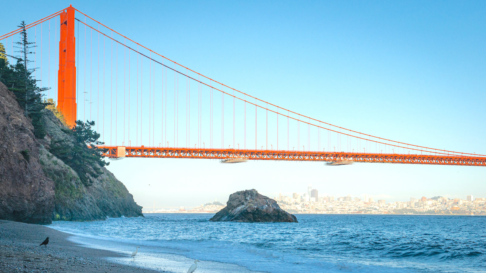 A dramatic view of the Golden Gate Bridge from Kirby Cove in the Marin Headlands on a sunny day