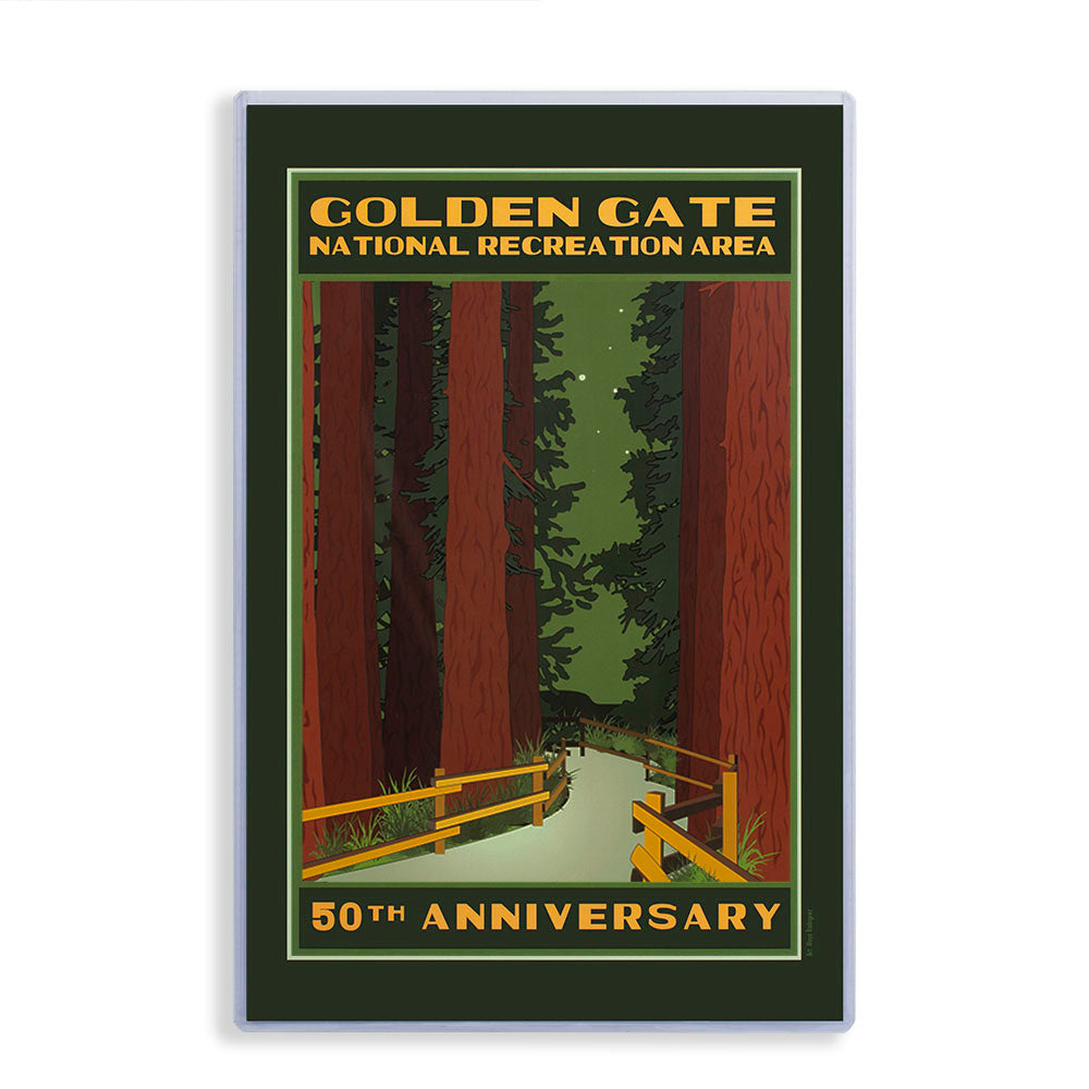 Colorful 11 x 17 commemorative 50th anniversary poster for Golden Gate National Recreation Area with illustration of Muir Woods