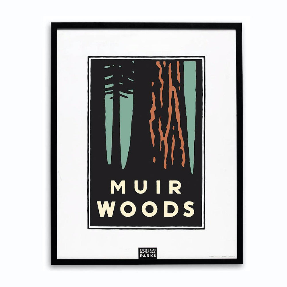 Framed Muir Woods poster, with artwork by Michael Schwab.