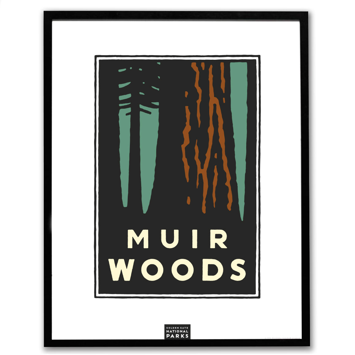 Muir Woods giclee poster in black frame, art by Michael Schwab, the Golden Gate National Parks Conservancy