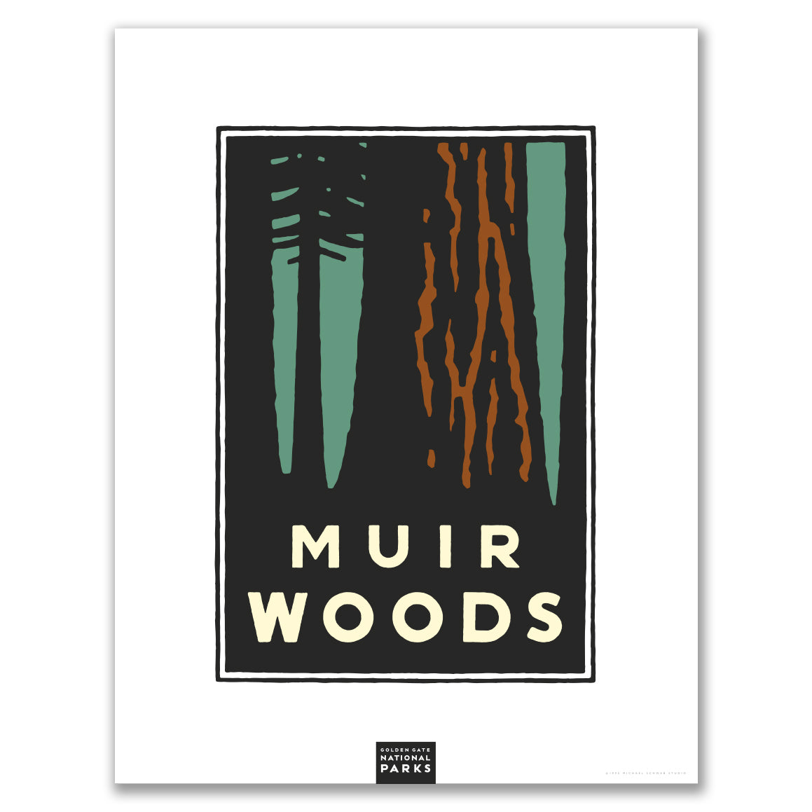 Multicolor Muir Woods giclee poster print, with art by Michael Schwab