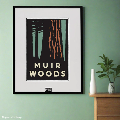 Large colorful Muir Woods giclee print poster in a room with soft green wallpaper