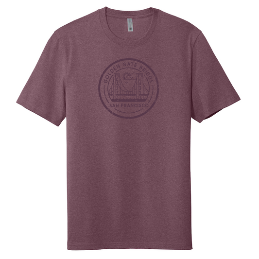 Maroon t-shirt with screen-printed illustration of Golden Gate Bridge San Francisco