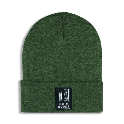 Green beanie with a Muir Woods logo