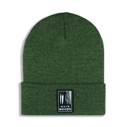 Green beanie with a Muir Woods logo