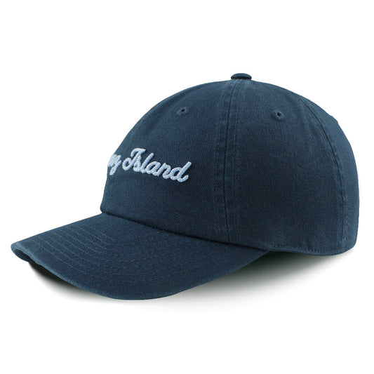 Navy blue cap with 'Alcatraz Island' script text on a white background