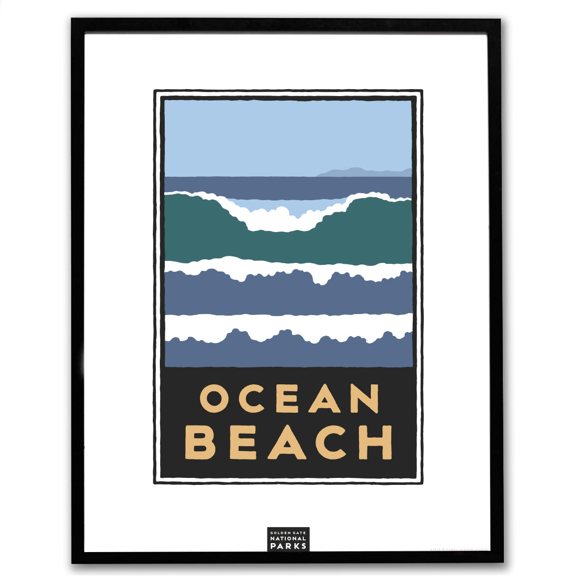 Ocean Beach giclee poster in black frame, art by Michael Schwab, the Golden Gate National Parks Conservancy