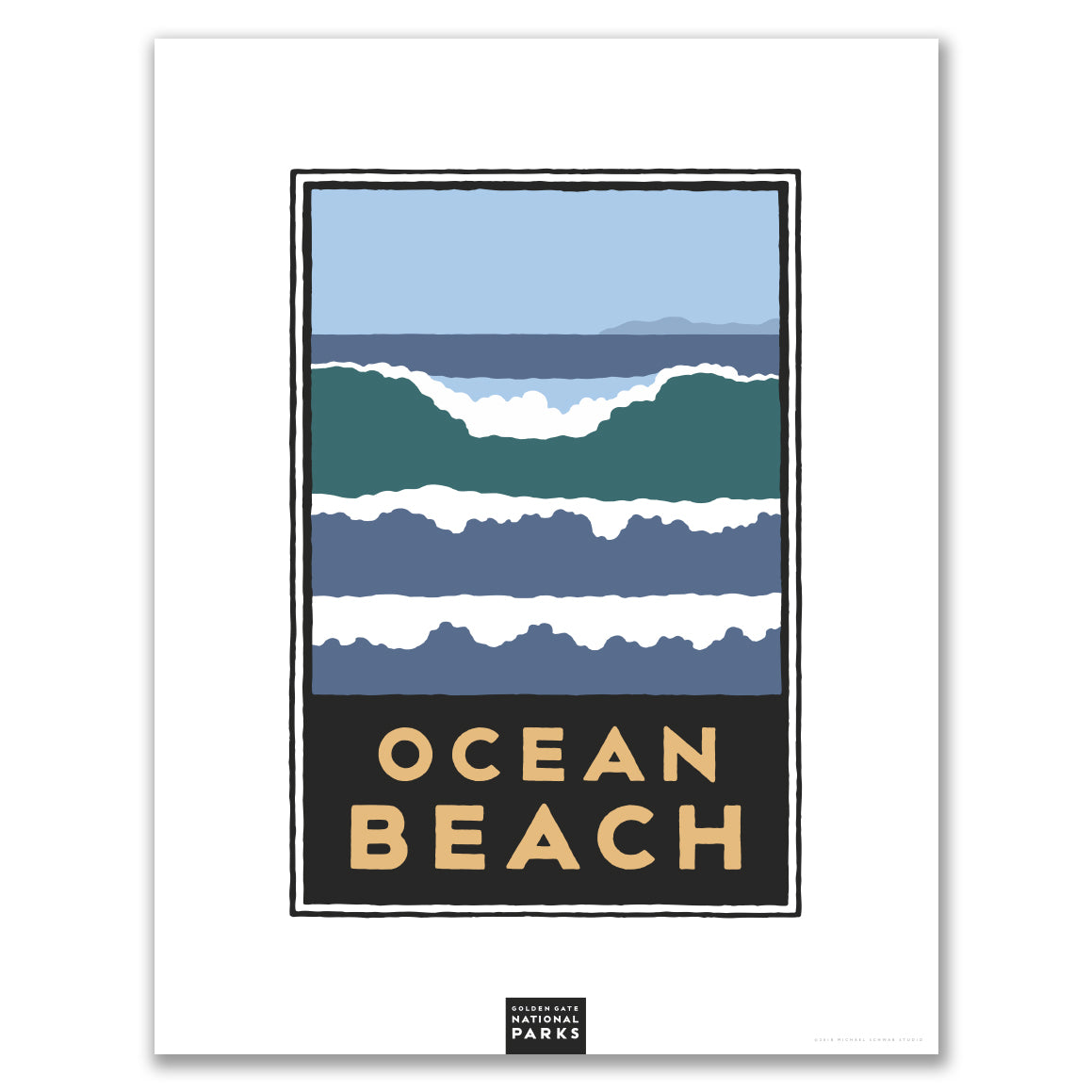 Multicolor Ocean Beach giclee poster print, with art by Michael Schwab