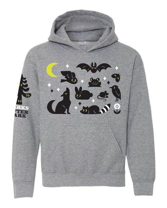 Parks After Dark kids sweatshirt, black and white screen-print design on heather gray hoodie, with glow-in-the-dark yellow accents.