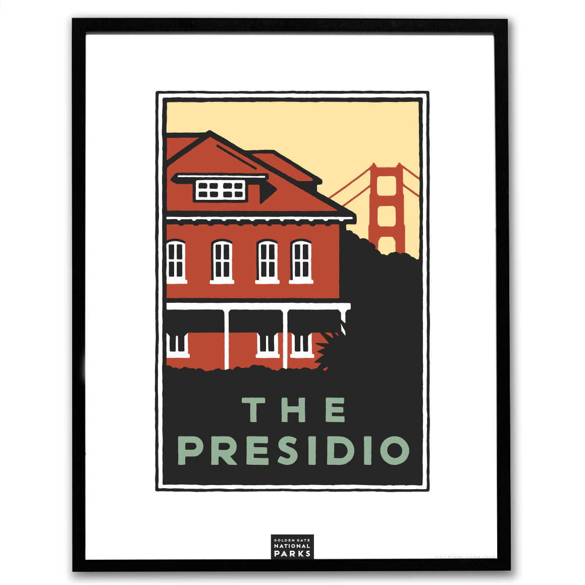 The Presidio giclee poster in black frame, art by Michael Schwab, the Golden Gate National Parks Conservancy